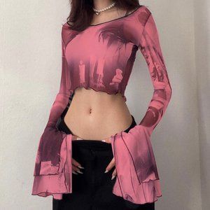 2023 Summer New Print Round Neck Pullover Flare Long Sleeve Umbilical Sexy Fashi